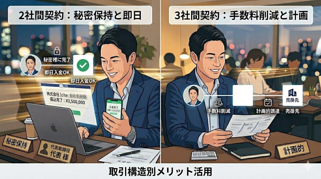即日ファクタリングのメリットと2社間・3社間契約の構造的違い画像