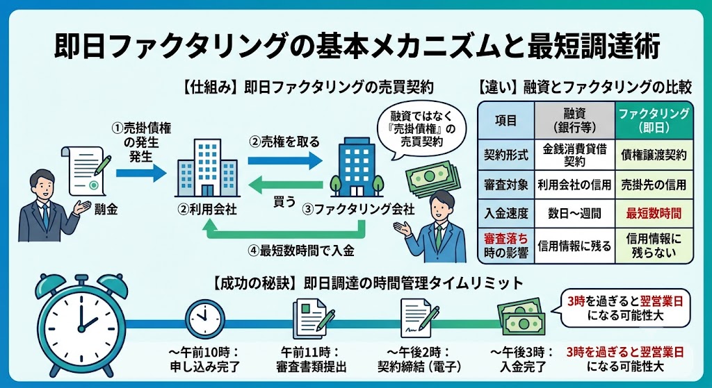 ファクタリング即日の基本メカニズムと最短で資金調達を行うための基礎知識図解