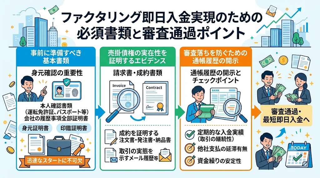 ファクタリングで即日入金を実現するための必須書類と審査通過のポイント図解