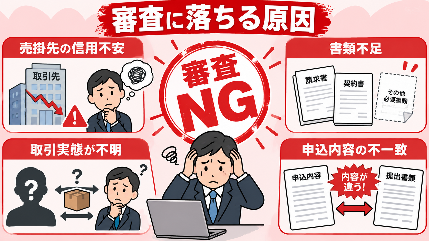 ファクタリングの審査に落ちる主な原因画像