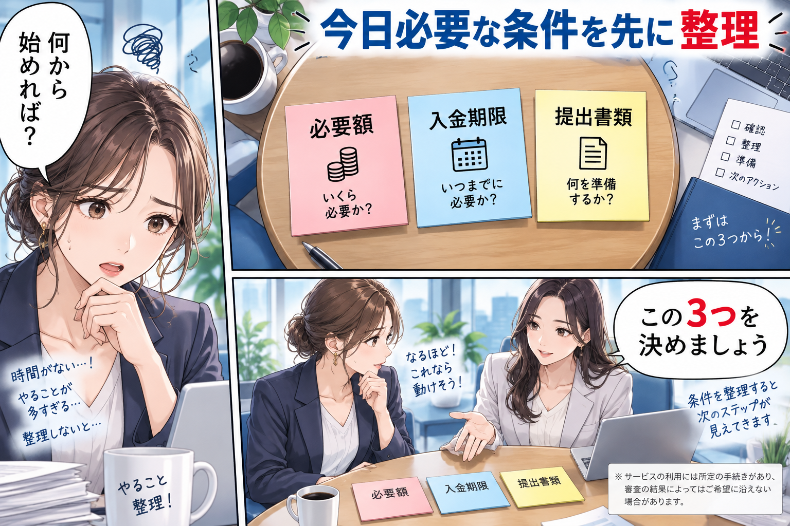 即日ファクタリングは「必要額・期限・書類」から選ぶを解説する漫画図解
