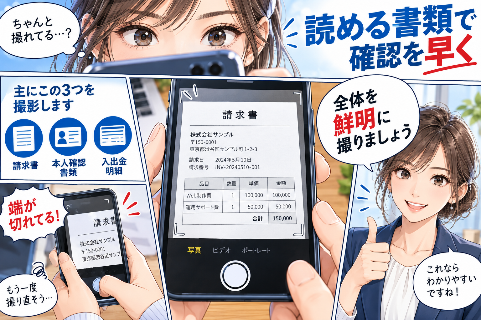 請求書・本人確認・入出金明細を読み取れる状態で用意するを解説する漫画図解