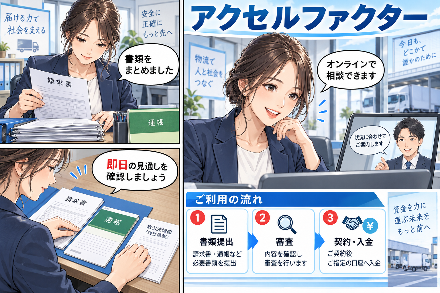 アクセルファクター|書類提出から最短2時間の資金化を相談できるを解説する漫画図解