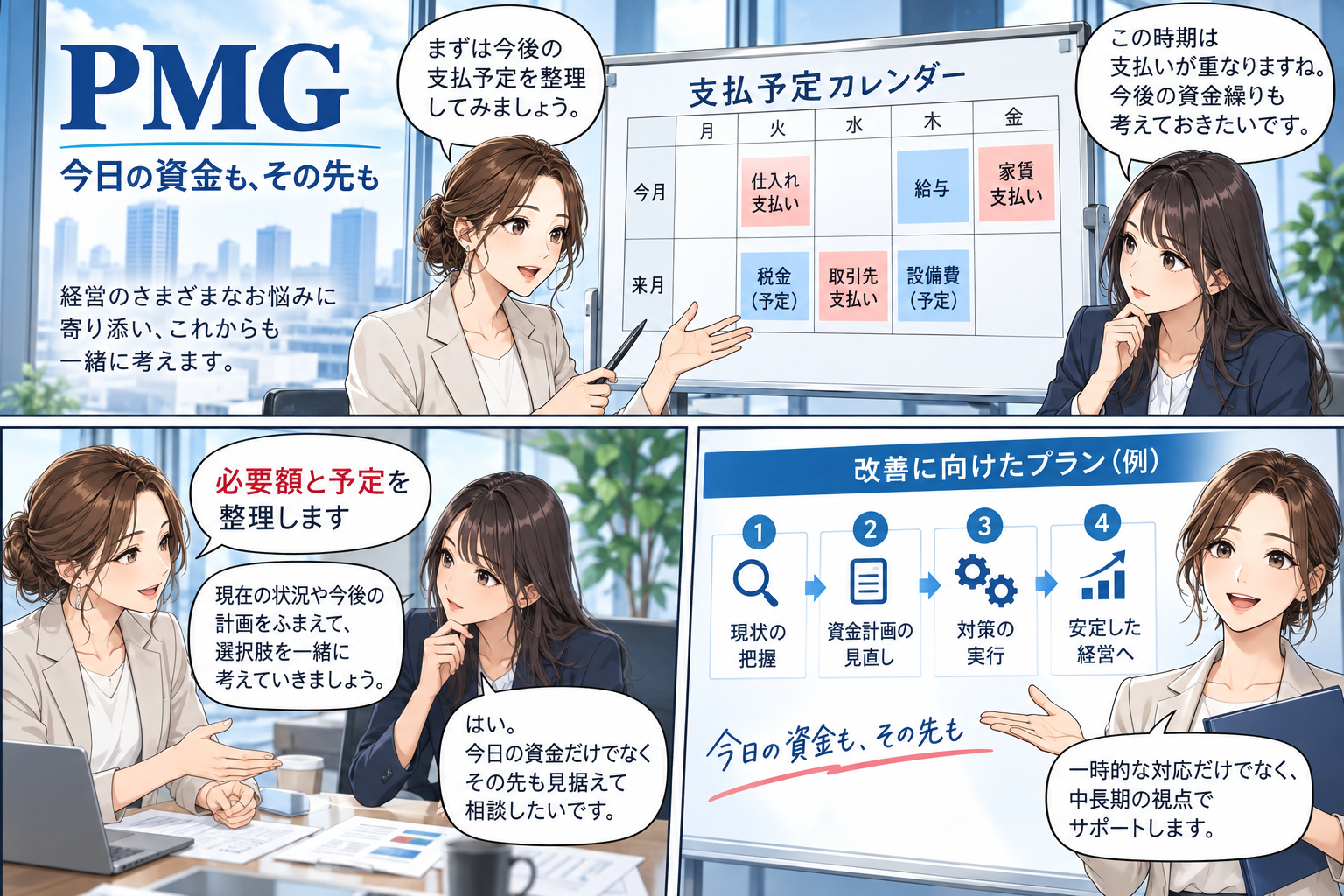 PMG|急ぎの資金調達とその後の経営課題を相談できるを解説する漫画図解