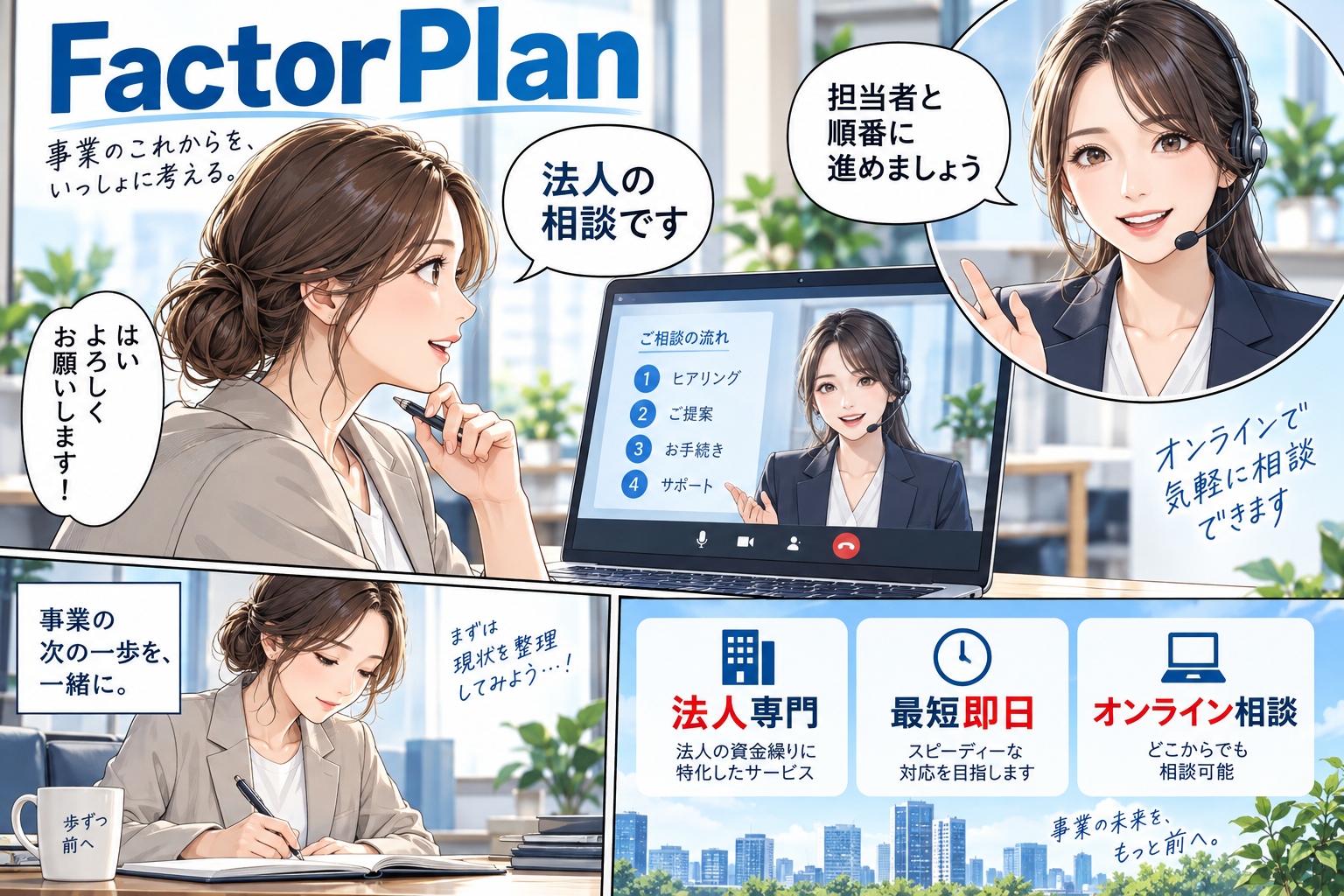 FactorPlan|法人専門の窓口で担当者と手続きを進められるを解説する漫画図解