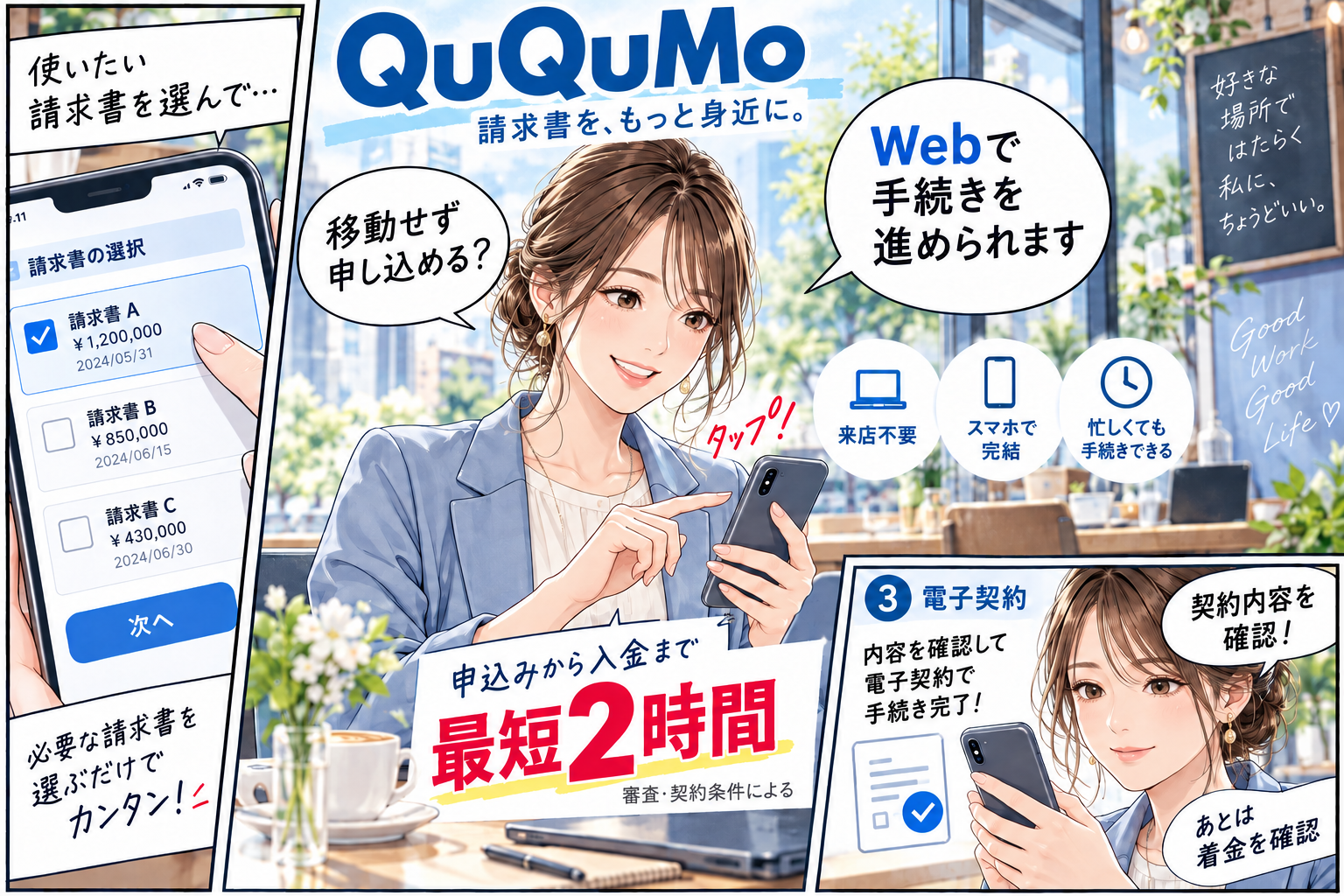 QuQuMo|面談不要のWeb完結で最短2時間の資金化を目指せるを解説する漫画図解