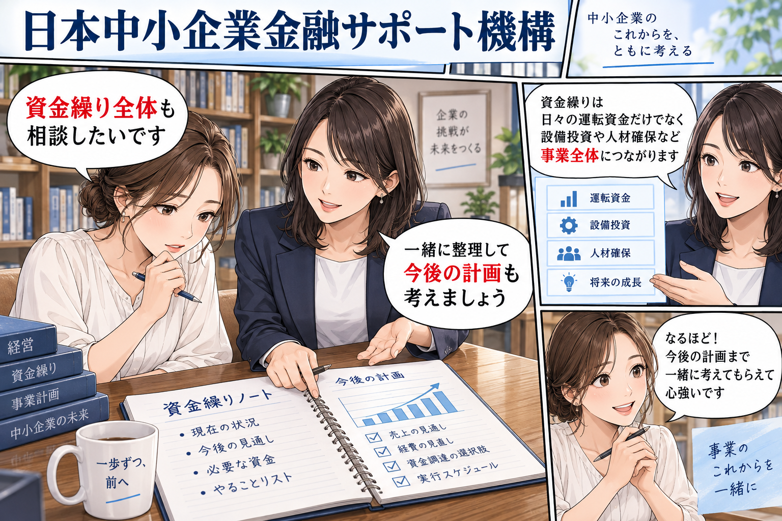 日本中小企業金融サポート機構|非対面の資金化と経営相談に対応を解説する漫画図解