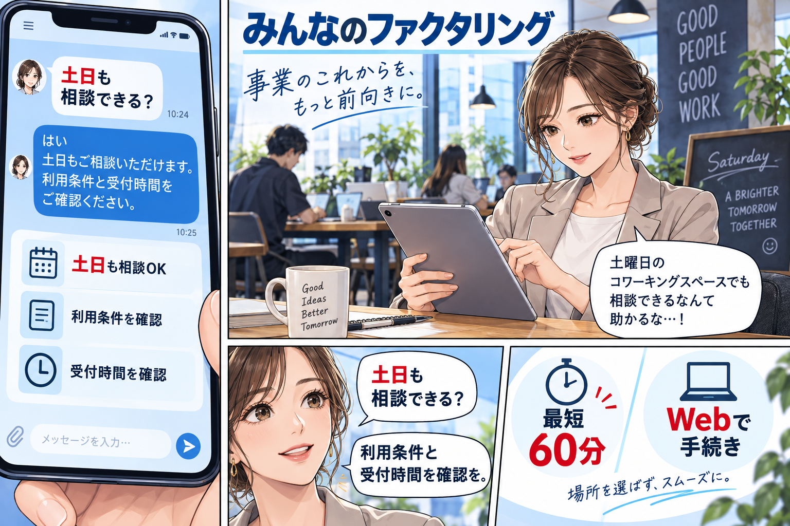 みんなのファクタリング|土日祝の手続きも確認したいWeb型サービスを解説する漫画図解