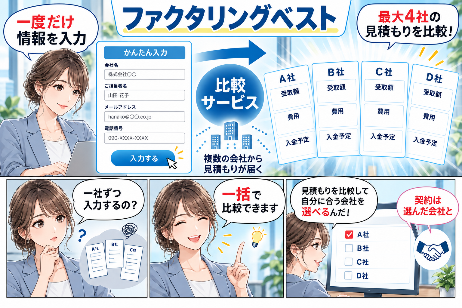 ファクタリングベスト|法人が最大4社の見積もりを比較できるを解説する漫画図解