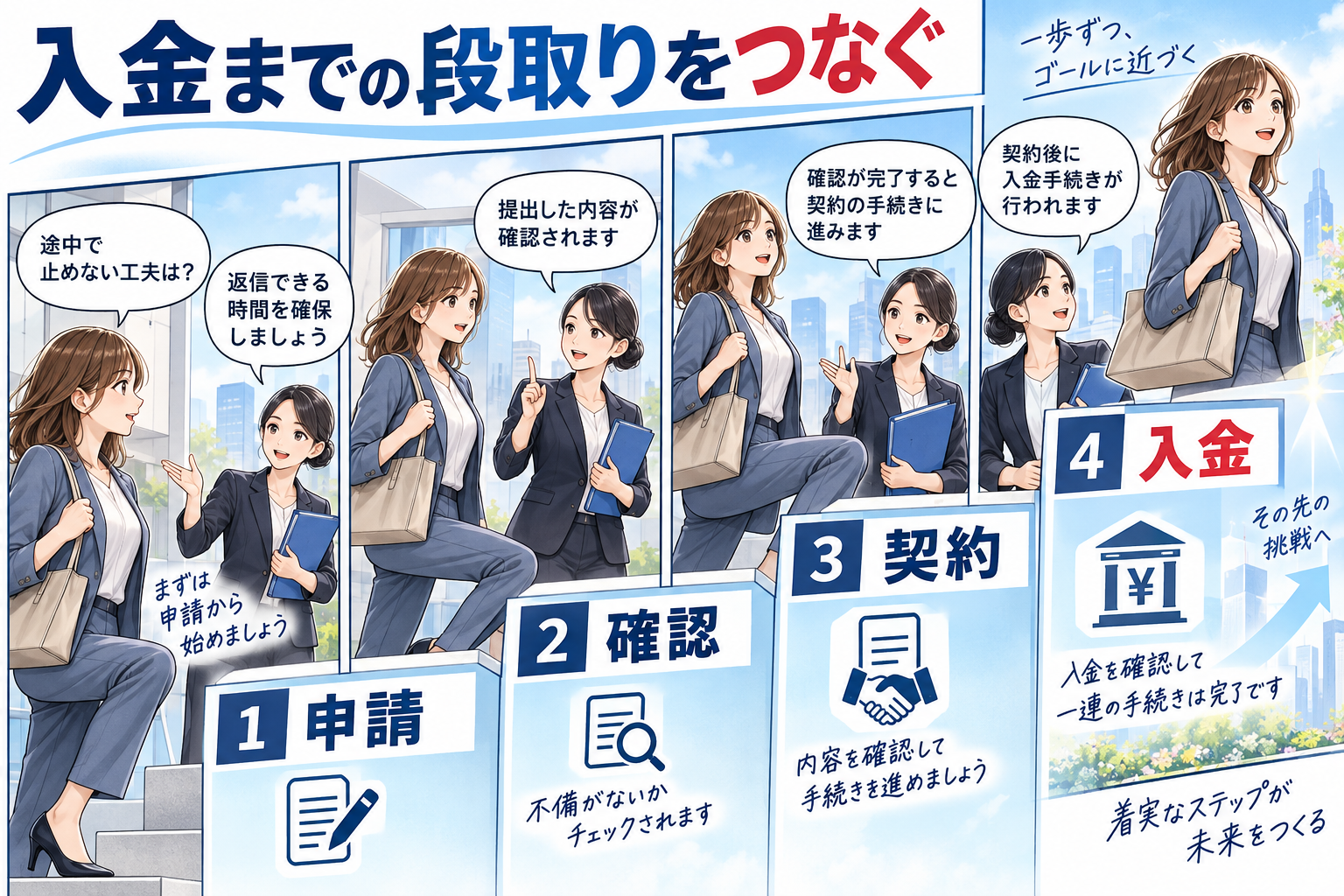 申し込みから入金までを止めないための進め方を解説する漫画図解