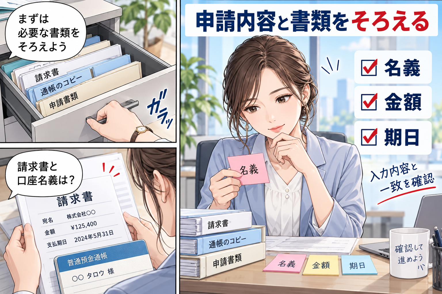 申請前に名義・請求額・支払期日を照合するを解説する漫画図解