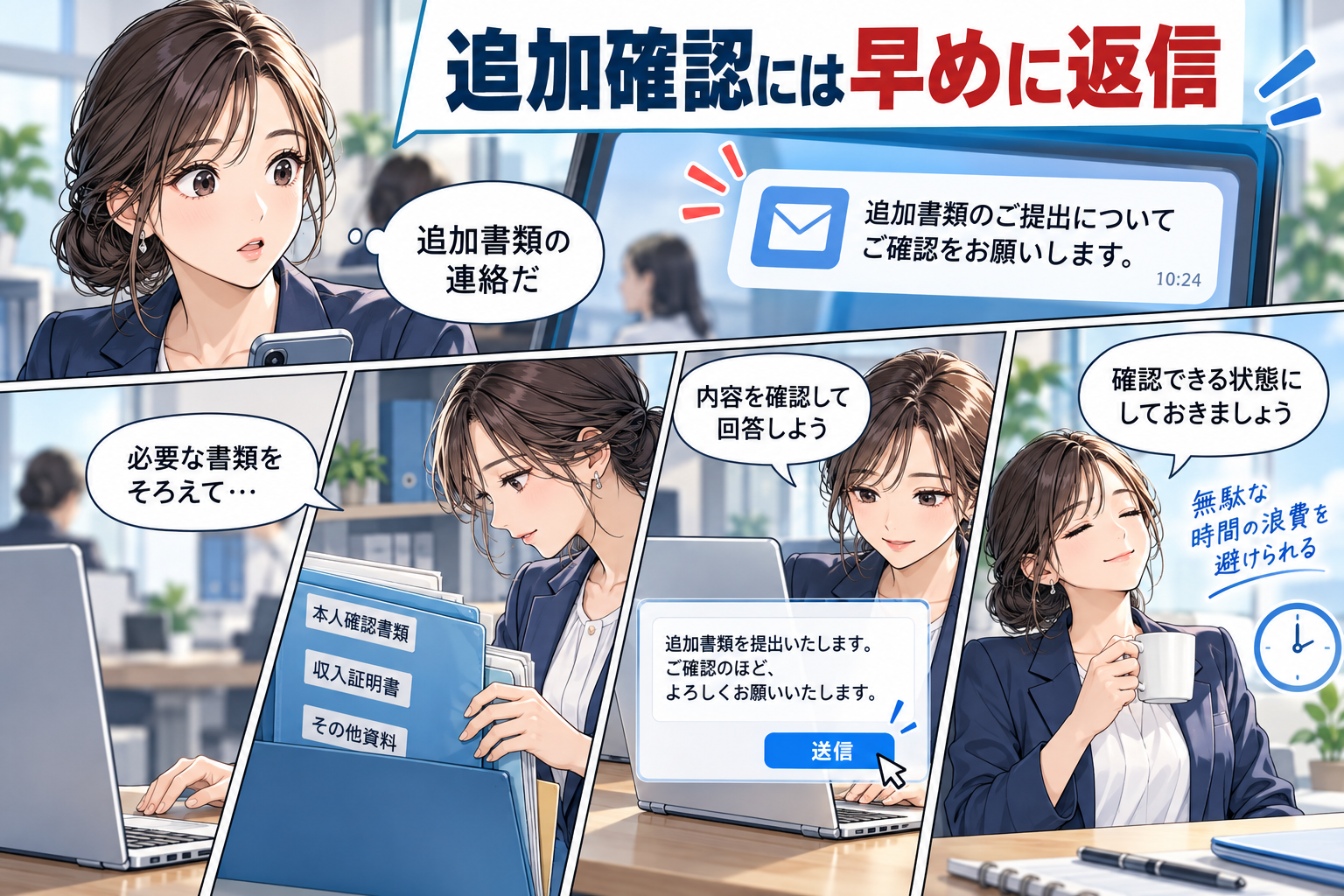 審査中の追加確認には根拠の分かる資料で答えるを解説する漫画図解