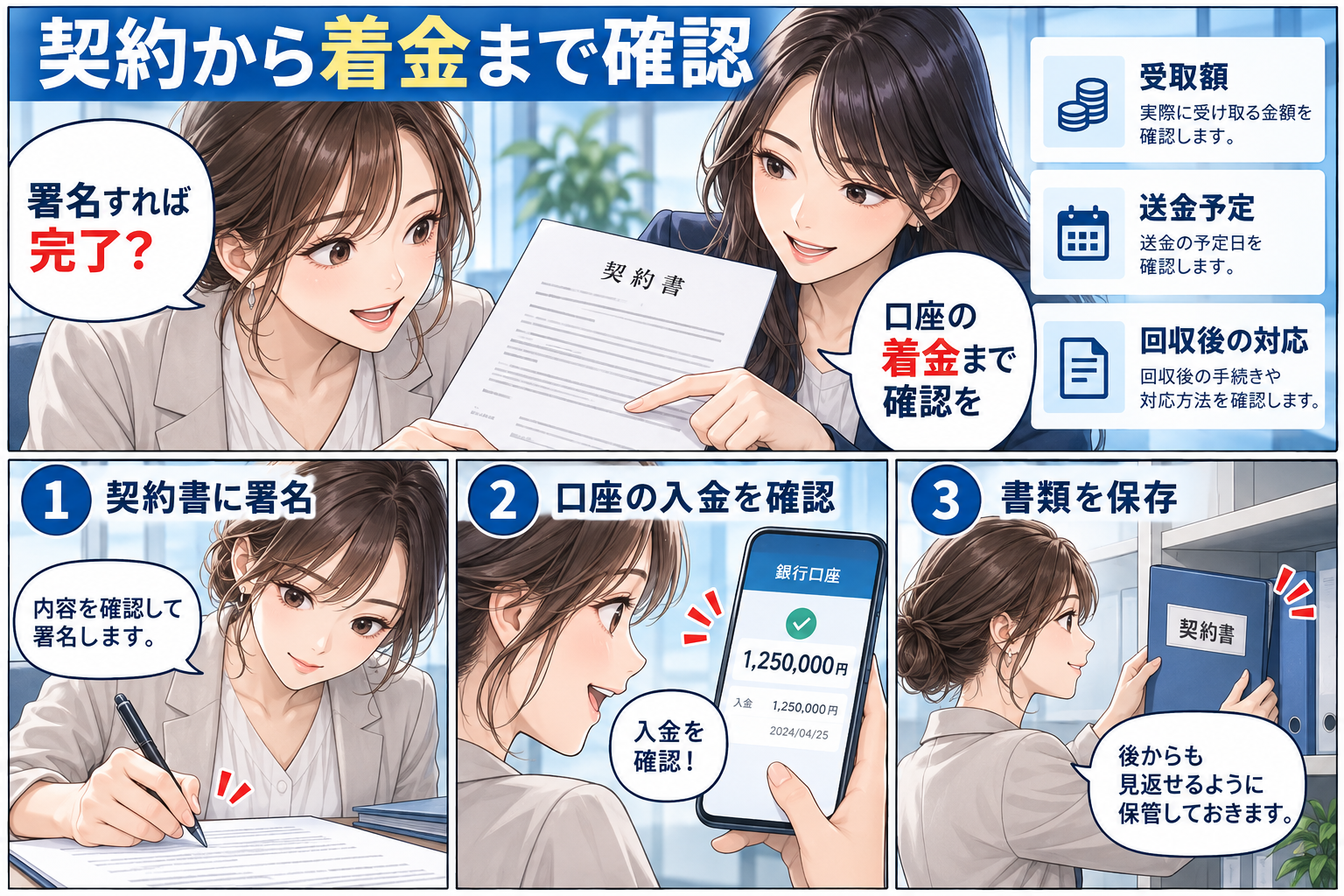 電子契約は受取額と回収後の対応を確認してから同意するを解説する漫画図解