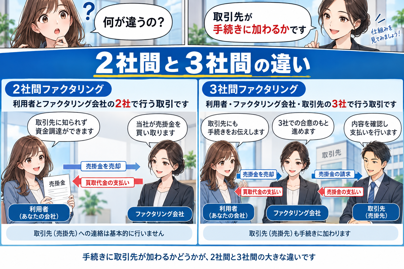 2社間・3社間の違いを知り、早さと費用を比較するを解説する漫画図解