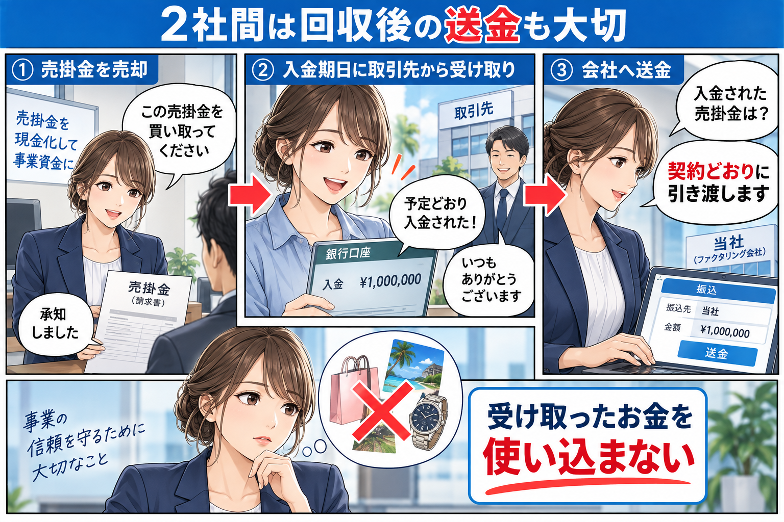 2社間は売掛先との調整を抑えやすいが回収後の管理が必要を解説する漫画図解