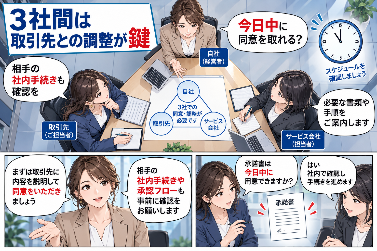 3社間は売掛先の社内手続きも含めて日程を考えるを解説する漫画図解