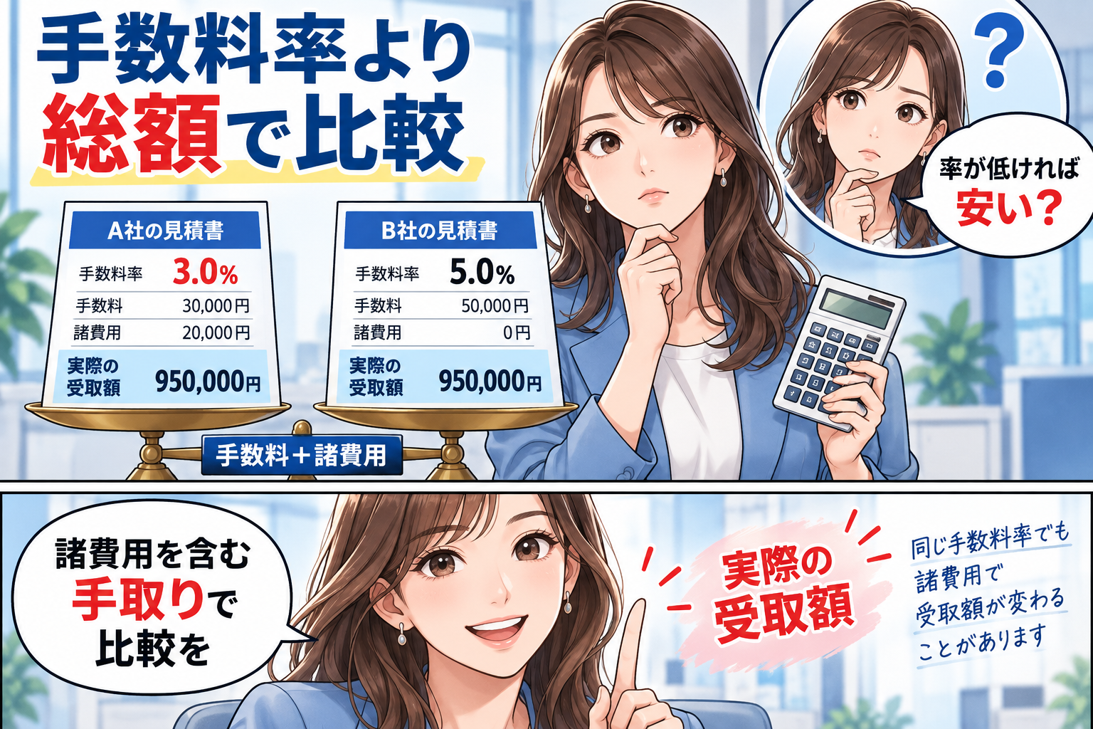 低い手数料率より同じ条件での総費用と手取りを比べるを解説する漫画図解