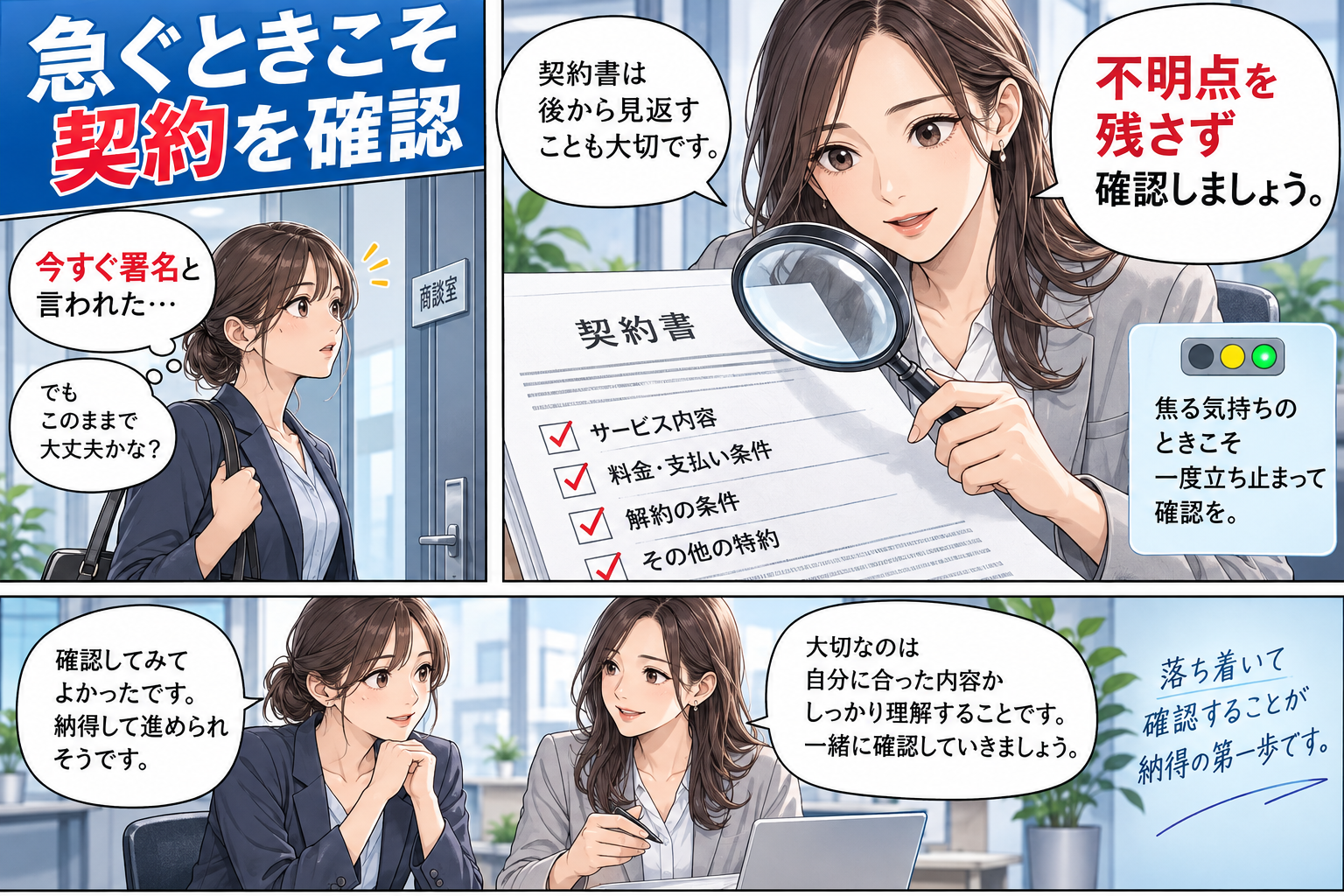 急ぎでも確認したい契約条件とトラブルへの備えを解説する漫画図解