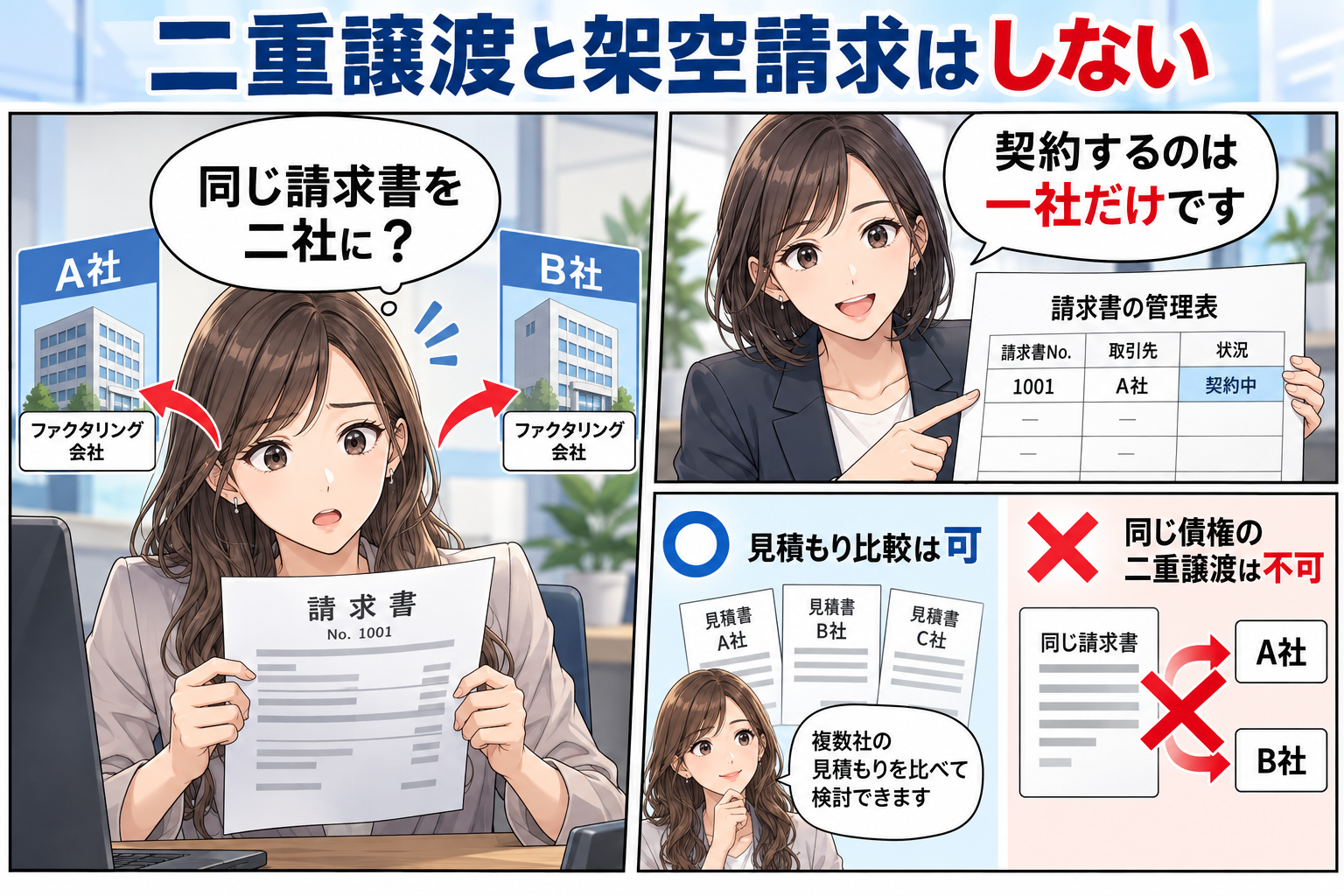 見積もりは比較できるが同じ債権を二重に売却しないを解説する漫画図解