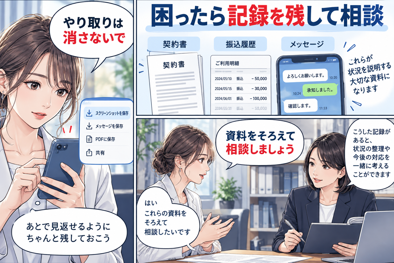 不審な請求や強い取立てには記録を残して相談するを解説する漫画図解