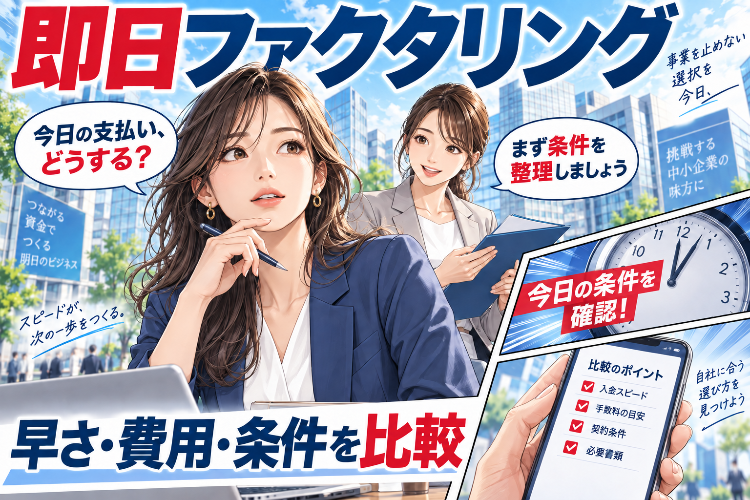即日ファクタリングの早さ・費用・条件を比較する漫画イラスト