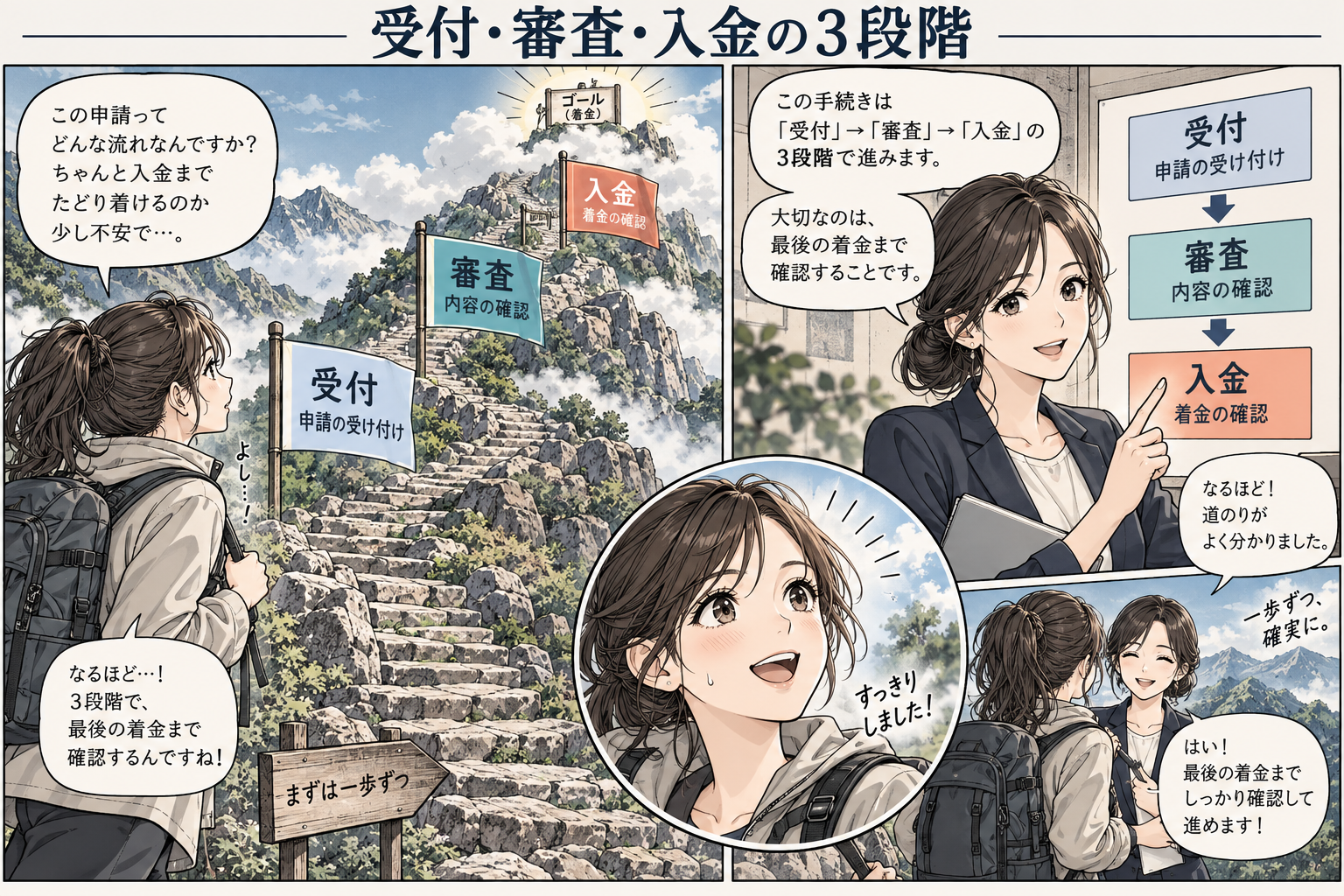 受付・審査・契約・着金はそれぞれ別の段階の漫画図解