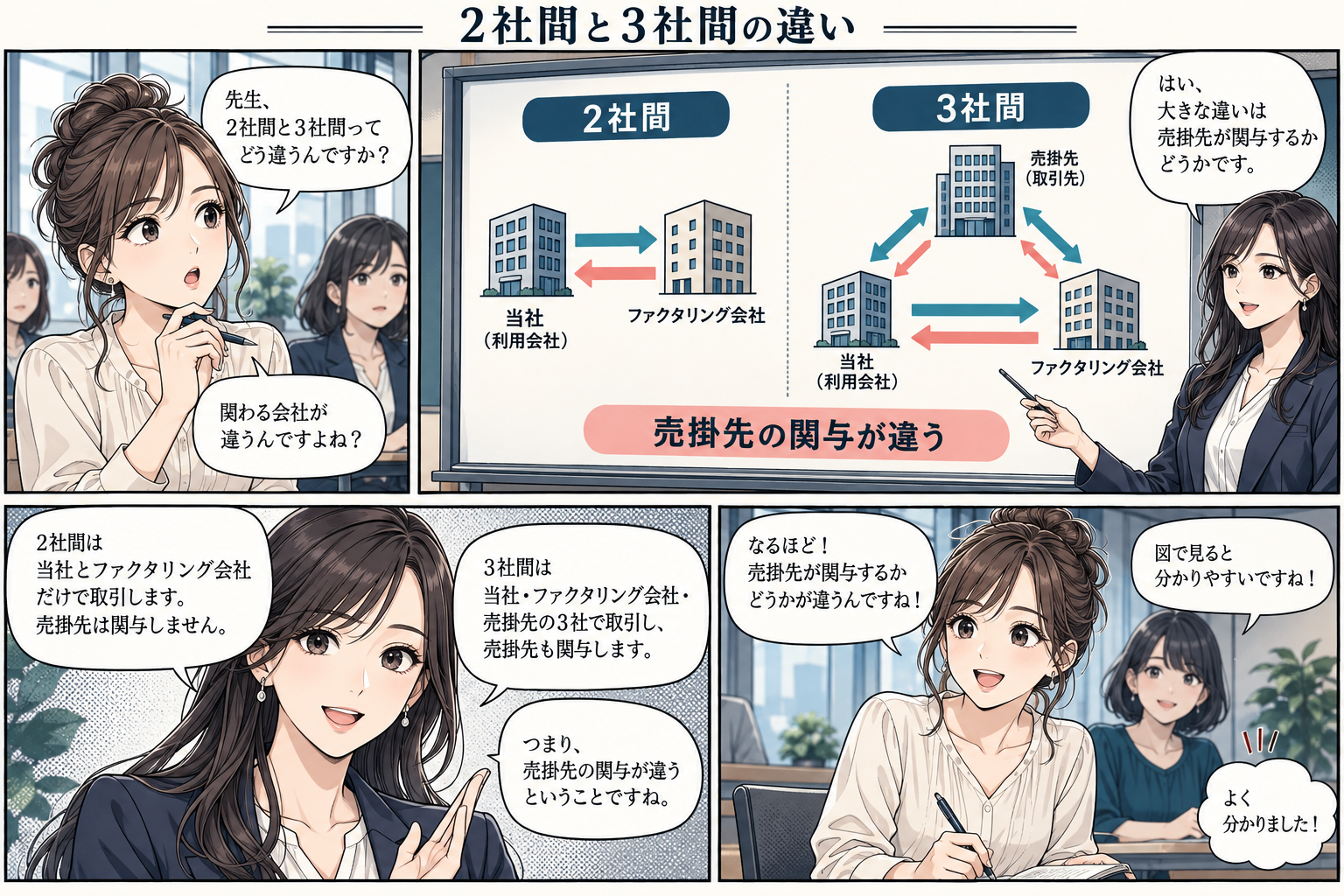 2社間と3社間では売掛先の関わり方が変わるの漫画図解