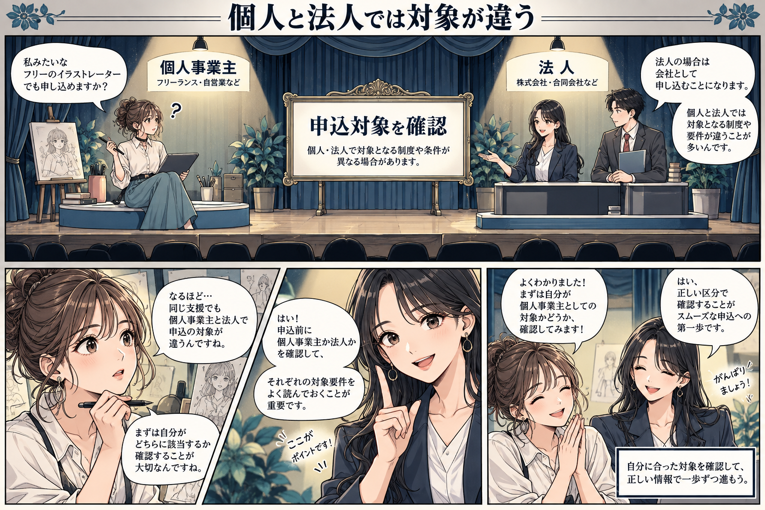 個人事業主・フリーランスと法人の対象条件を確認の漫画図解