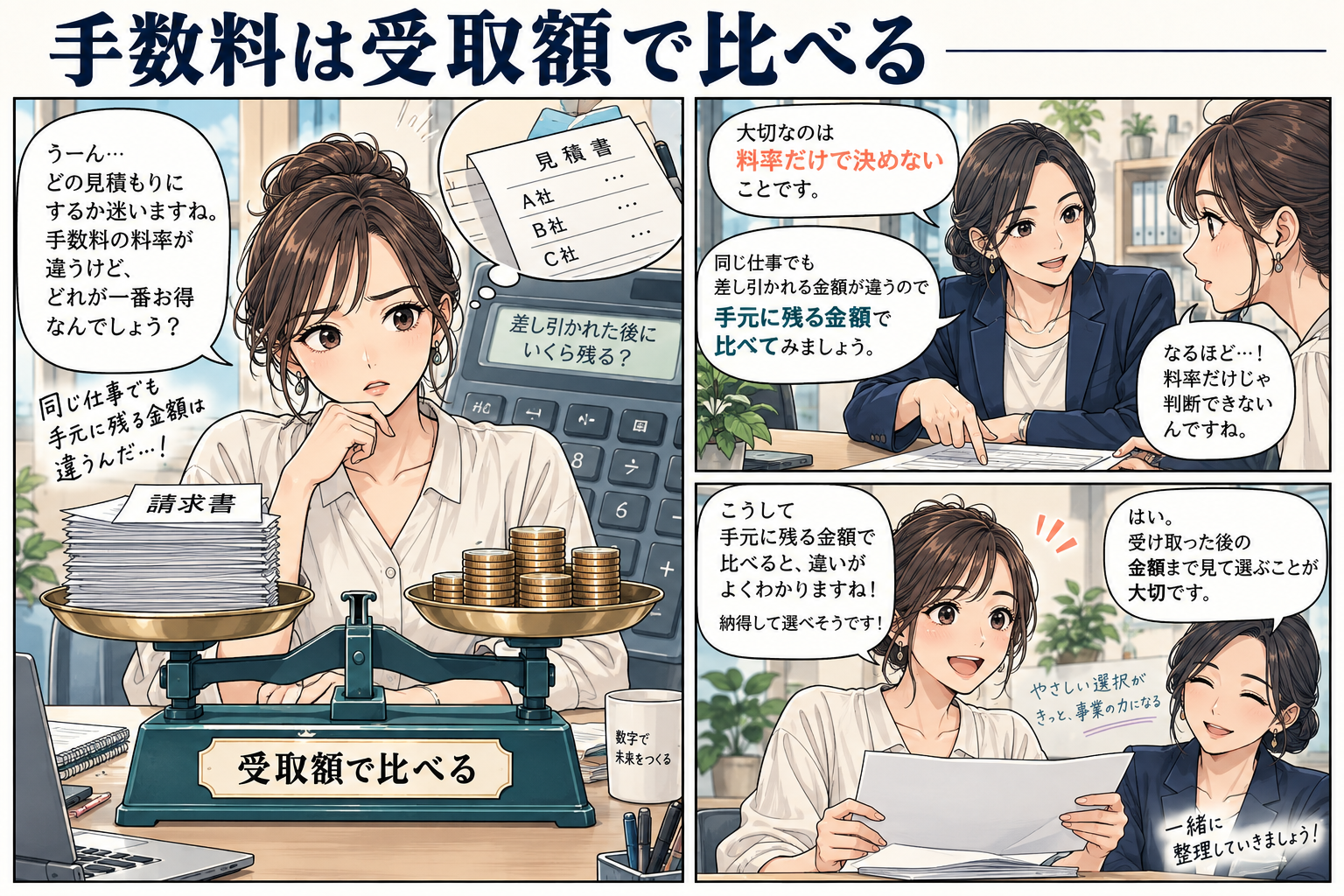 ファクタリングの土日利用で手数料と受取額を比べる方法の漫画図解