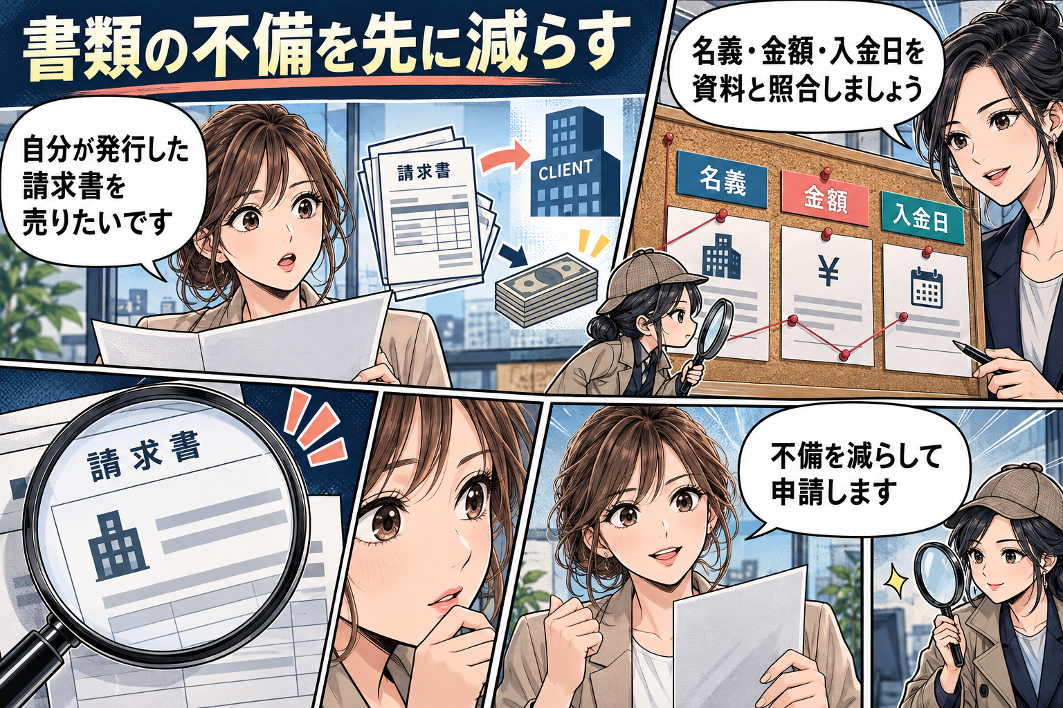 土日のファクタリングで審査を進めるための書類準備の漫画図解
