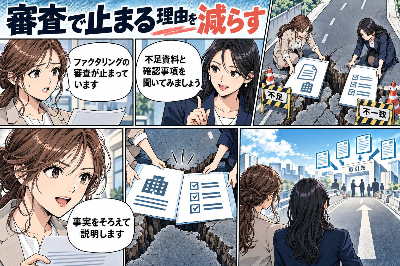 審査で止まったら不足資料と確認事項を切り分けるの漫画図解