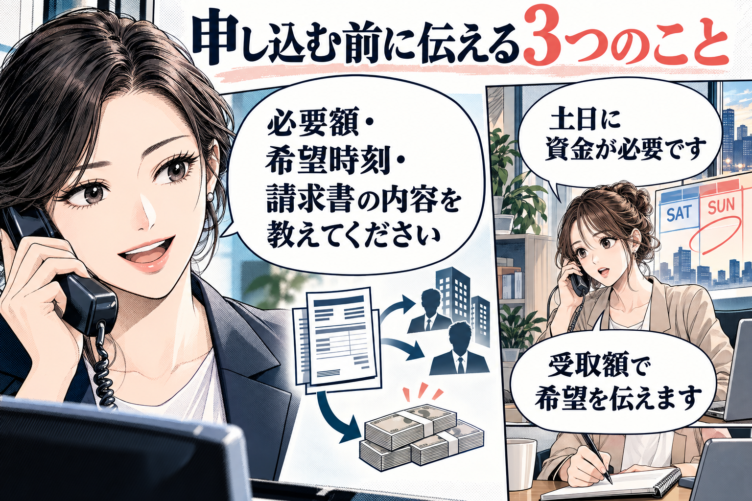 必要額・希望時刻・請求書の内容を伝えて申し込むの漫画図解