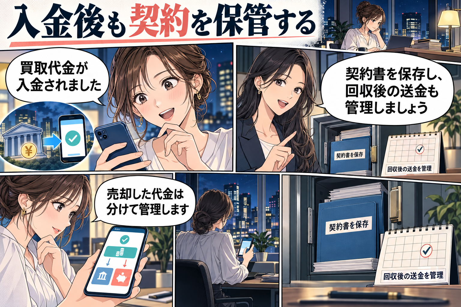 着金を確認したら契約書と回収後の予定を保存の漫画図解