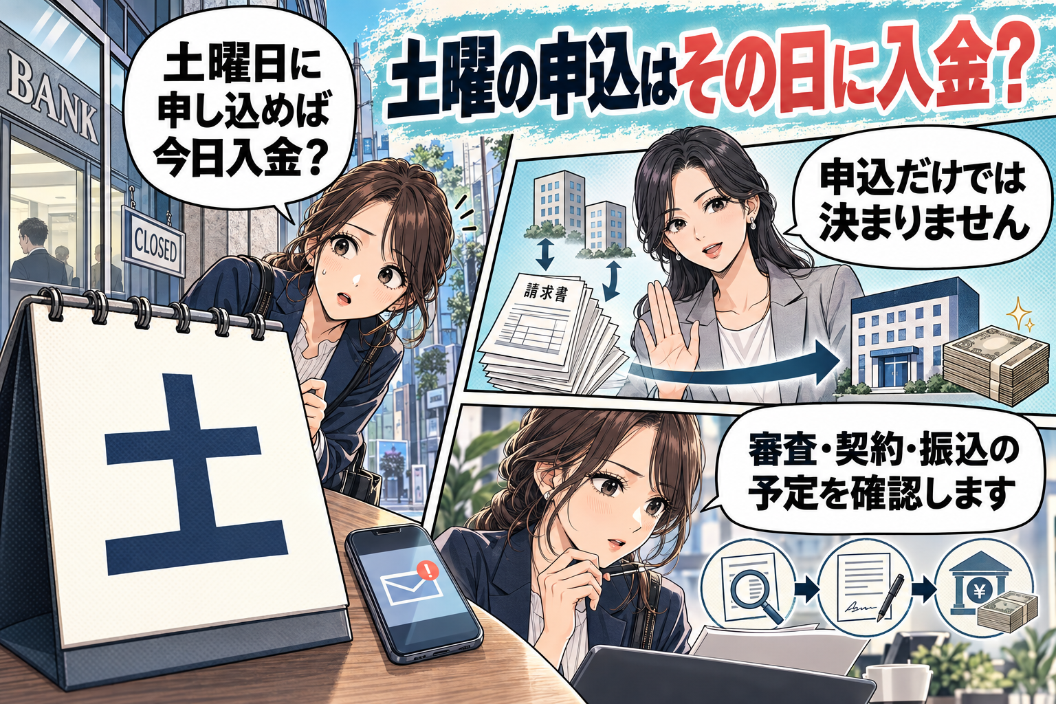 土曜日に申し込めば、その日のうちに入金されますか?の漫画図解