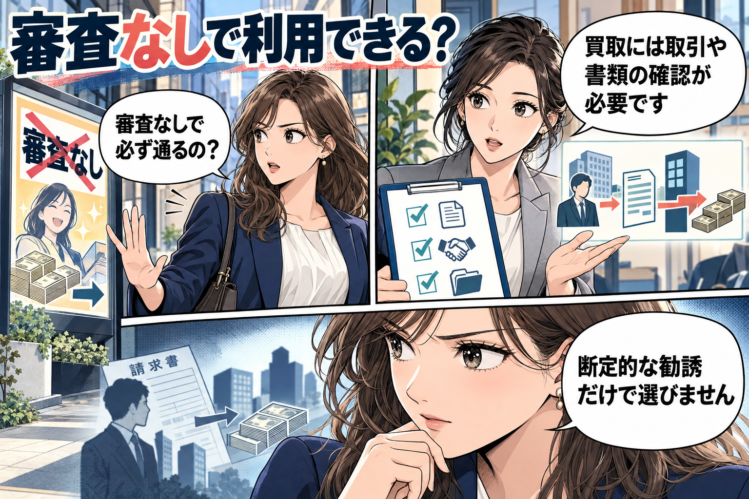 審査なし、必ず通るファクタリングはありますか?の漫画図解