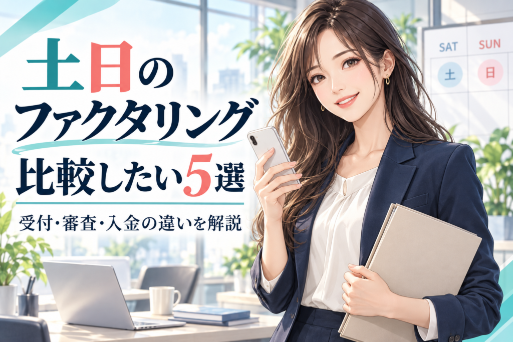 土日のファクタリング比較5選。受付・審査・入金の違いを紹介する女性のアイキャッチ