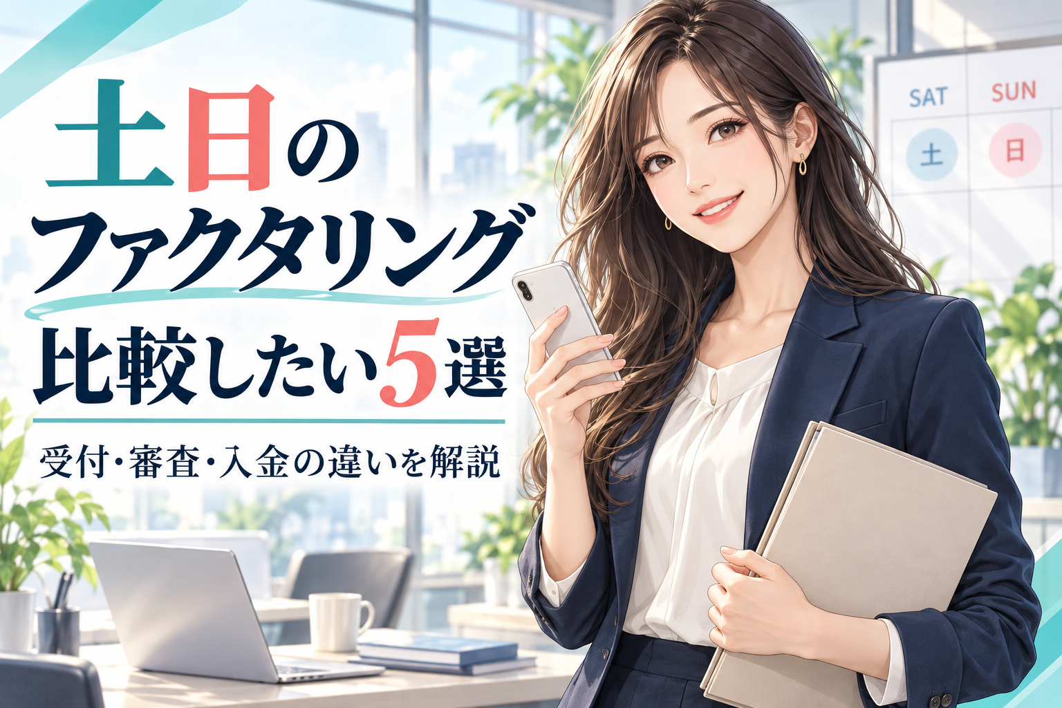 土日のファクタリング比較5選。受付・審査・入金の違いを紹介する女性のアイキャッチ